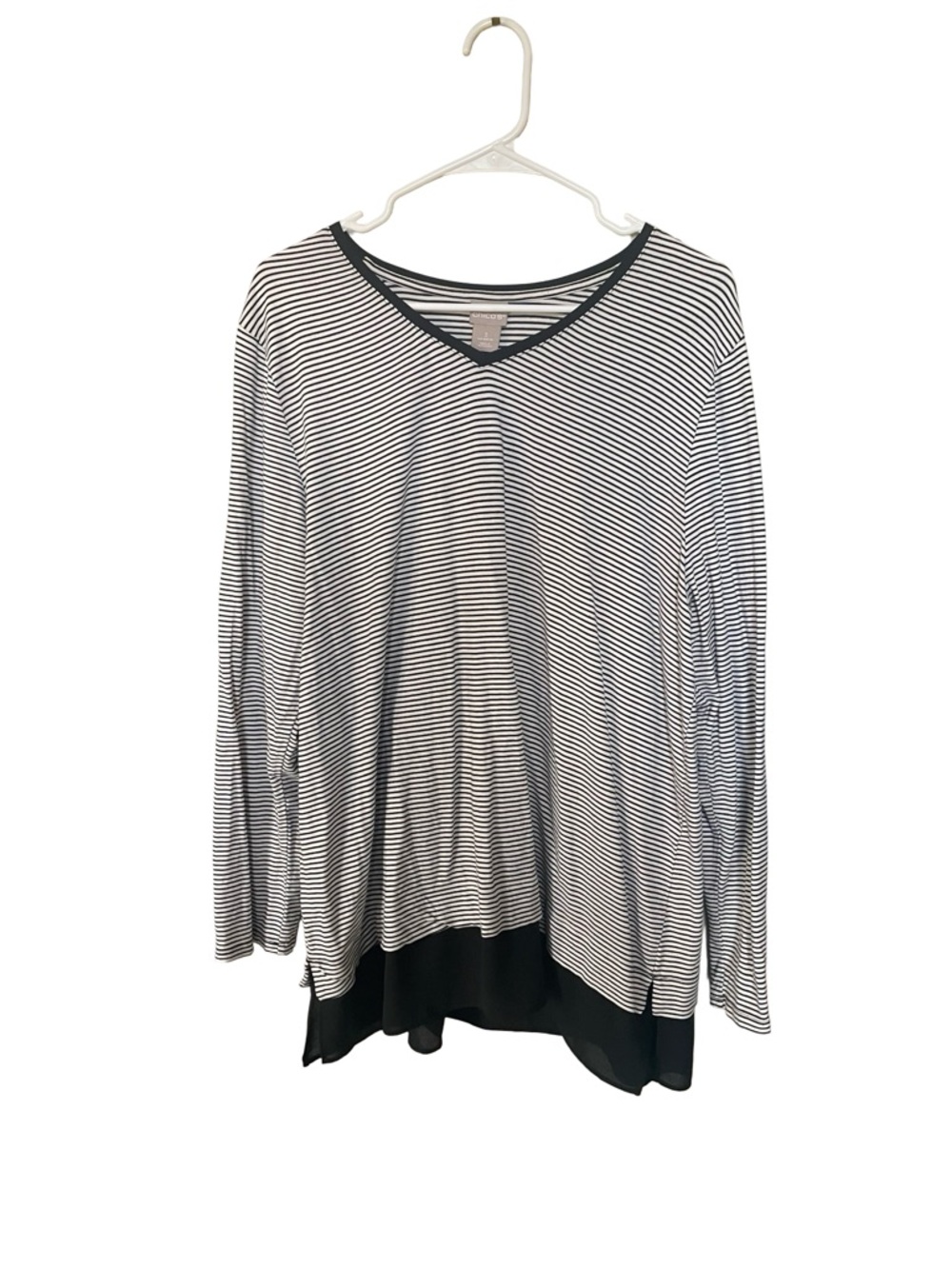 Chicos Striped Tunic Top Size 3 XL Black White V Neck Layered Hem